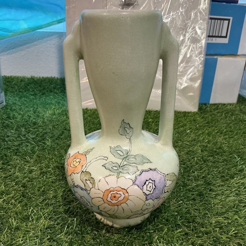 Vintage Pale Green Floral Ceramic Vase Double Long Handles Art Nouveau Style